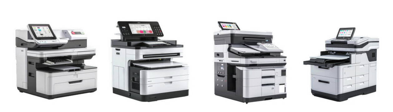 a series of modern office multifunction printers shown in a row on transparent background high quality