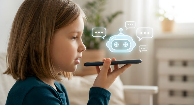 Little girl using voice command on smartphone to interact with digital ai chatbot assistant for learning and fun in a modern home interior setting with holographic icons