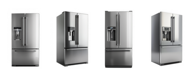 A visual comparison of four stainless steel french door refrigerators showcasing design variations on transparent background