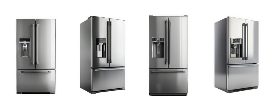 A visual comparison of four stainless steel french door refrigerators showcasing design variations on transparent background