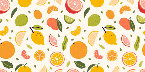 Seamless pattern with citrus fruits and slices. Orange, lemon, lime and grapefruit, bright design for summer and food packaging. Trendy vector illustration on light background, hand drawn, flat