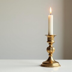 Elegant brass candle holder, ornate detail, single flickering candle , interior, shadow, classic