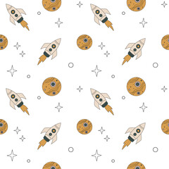 Vector space pattern with cartoon rockets and planets scattered on a light background, creating a playful and airy cosmic scene