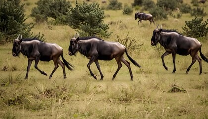 Fototapeta premium Wildebeests running across the savannah