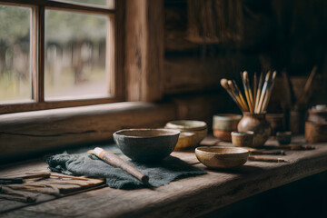 Colorful pottery and art supplies arranged on a wooden table in a sunlit studio