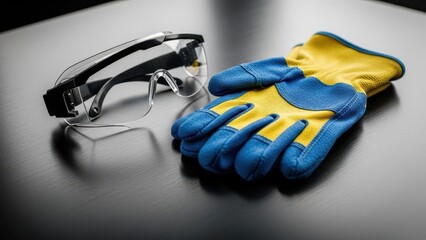 Safety training workplace rules concept. Protective gloves and goggles placed on a black surface for safety equipment display.