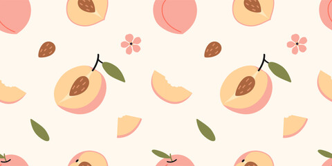 Seamless pattern with peaches, peach slices, leaves and flowers. Soft summer fruit design. Trendy vector illustration on light background, hand drawn, flat