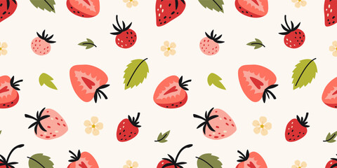Seamless pattern with ripe strawberries, leaves and small flowers. Fresh summer fruit art. Trendy modern vector illustration on light background, hand drawn, flat design