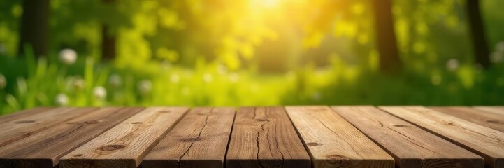Empty wooden tabletop, out-of-focus farm scene , surface, summer, blur