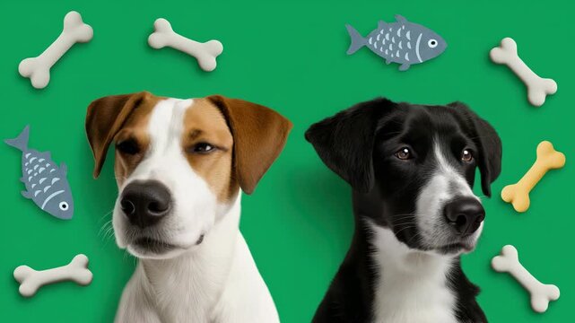 Playful dogs surrounded by colorful pet toys on vibrant green background