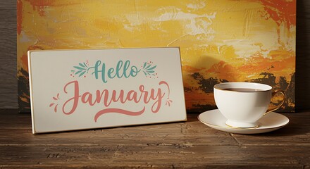 hello january sign with cup and saucer on wooden table