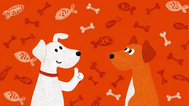 Playful animated dogs interacting against vibrant orange background with floating bones and treats