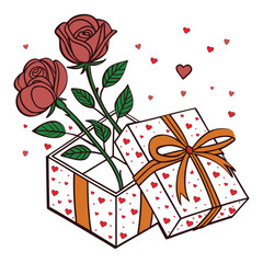 Two red roses emerging from an open gift box adorned with small red hearts and an orange