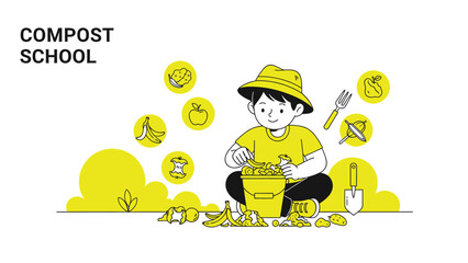 Naklejka premium Boy Composting Organic Waste For Garden Learning About Recycling At School