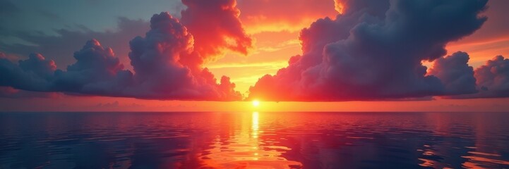 Fiery sunrise explodes across tranquil waters, illuminating cloudscape , calm, tranquil, fire