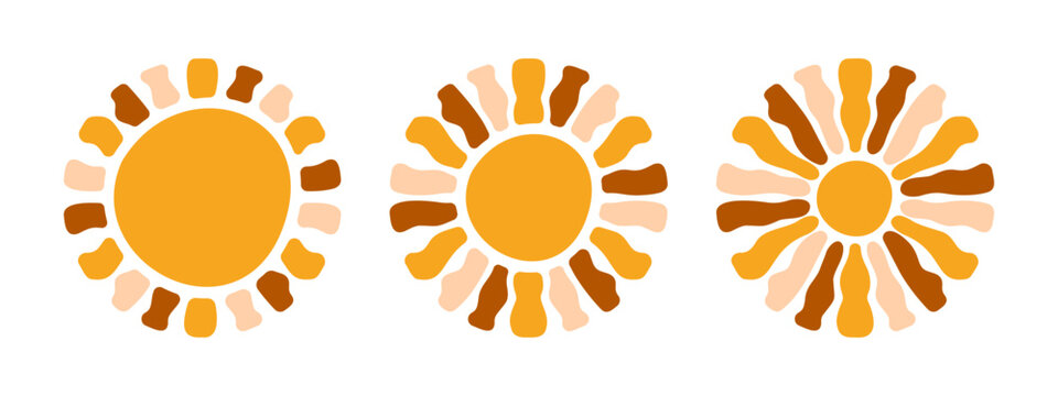 Set of groovy sun silhouettes in trendy boho style isolated on white background. Sunburst, sunbeam or sunlight shapes. Positive vibes or good mood concept. Vector flat illustration.