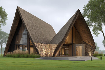 Sustainable architecture concept with green building and solar panels in eco-friendly design