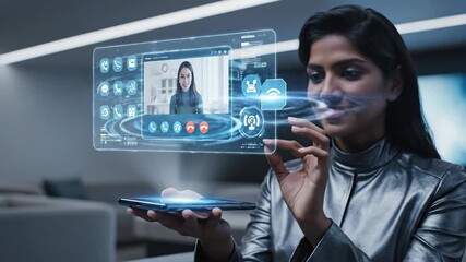 Futuristic woman interacts with holographic data interface. - Powered by Adobe