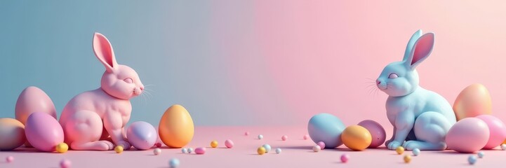 Geometric pastel eggs & bunnies on vibrant gradients, background, holiday, pattern