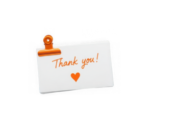 White card with thank you message and orange clip