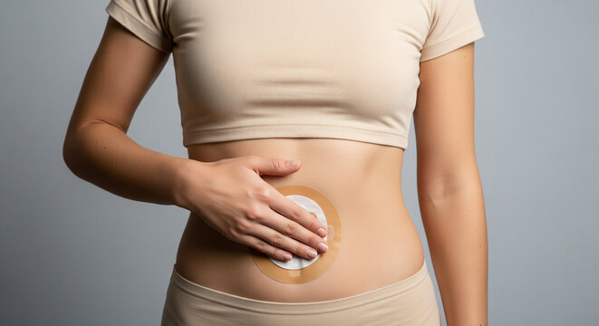Close-up of a woman applying a medical patch or ostomy pouch cover to her abdomen, concept of postoperative stoma care and chronic condition management
