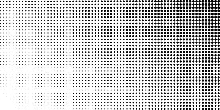 Background with faded halftone gradient effect. Black and white polka dot pattern. Wallpaper with grain, pixel or mosaic texture. Modern print. Comic page template. Vector graphic illustration.