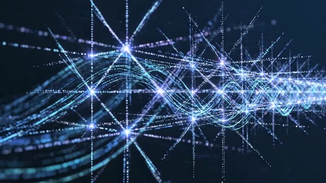 Dynamic Blue Waveforms and Network Connection Visuals.