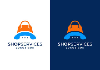 Shopping bag and phone icon logo design vector template, Shopping service logo design.