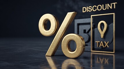 Golden Percentage Symbol with DISCOUNT & TAX Text - Financial Savings Concept