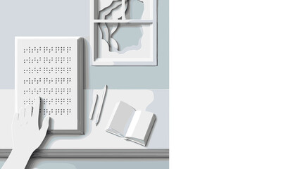 A hand reading Braille with an educational focus in a tranquil environment, featuring a desk and natural light, with copy space for World Braille Day promotion.