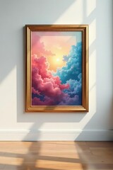 Gold frame on white wall, art opening display, simple, template