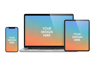 A set of three electronic devices including a laptop, tablet, and smartphone, each showcasing a vibrant gradient background with custom design placeholders.