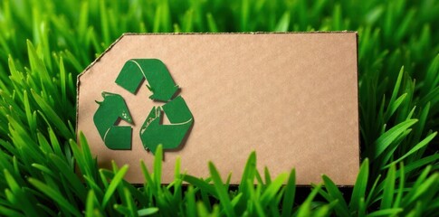 Green grass backdrop with textured cardboard recycling symbol , sustainable, green grass background, recycle