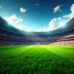 Green grass playground inside rugby stadium, goal visible , venue, markings, bright