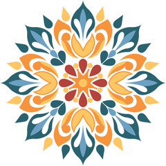 Vibrant teal and orange floral mandala illustration. Intricate geometric pattern.