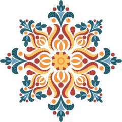 Colorful floral mandala with symmetrical geometric petals in modern folk style, ideal for decorative backgrounds, textiles, branding, wall art, and print designs.