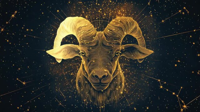 Futuristic abstract gold  Aries ram head in neon purples and blues, glowing particles and data like visualizations form a mystical, animated zodiac constellation loop