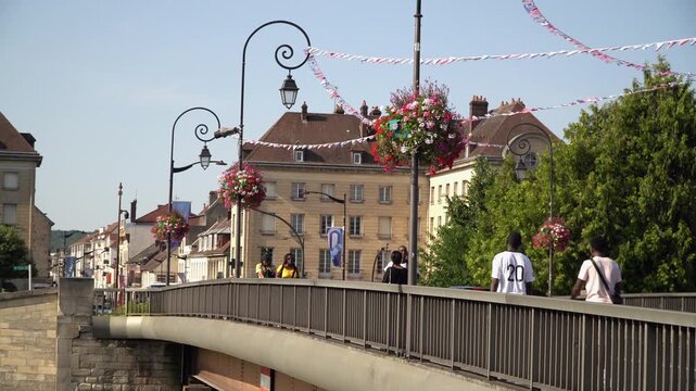 A road and pedestrian bridge in the city of Creil, Oise, France.