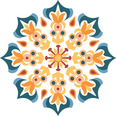 Colorful floral mandala with symmetrical geometric petals in modern folk style, ideal for decorative backgrounds, textiles, branding, wall art, and print designs.