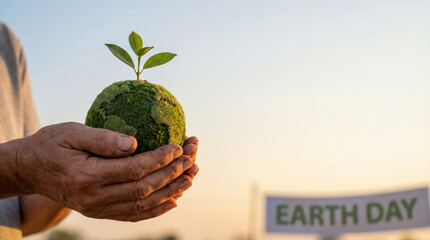 Hands hold seedling in moss ball. Seedling symbolizes green future for Earth Day banner, seedling care in sunlight, sustainability concept with copy space, eco message, spring renewal theme