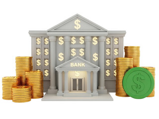 The image depicts a classical-style bank building with large columns and a triangular pediment. The word 'BANK' is prominently displayed above the entrance. 