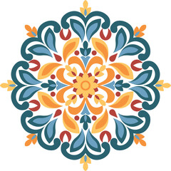 Colorful floral mandala with symmetrical geometric petals in modern folk style, ideal for decorative backgrounds, textiles, branding, wall art, and print designs.