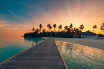 Majestic sunset landscape paradise tropical beach palm trees silhouette wooden pier leading into luxury resort island serene ocean horizon travel destination background. Stunning summer vacation art