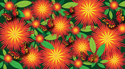 Decorative green leaves, yellow and red color flower vector template.