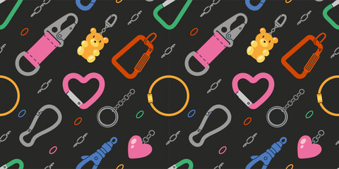 Seamless pattern with trendy accessories including carabiners, keychains and decorative charms. Fashion accessory concept. Trendy vector illustration on dark background, hand drawn, flat design