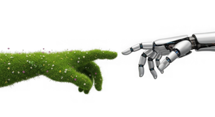 Nature and technology hands reaching out