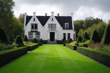 White house with dark roof stands in the middle of a green garden surrounded by trees and shaped bushes on a cloudy day in a rural area