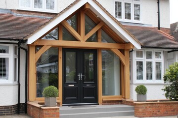 The front entrance of the house showcases beautifully crafted wooden beams, elegant double doors, and expansive windows, all illuminated by the bright daylight