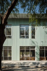 A contemporary architectural design features a striking green exterior adorned with expansive windows, set against the vibrant backdrop of an urban environment during daylight hours