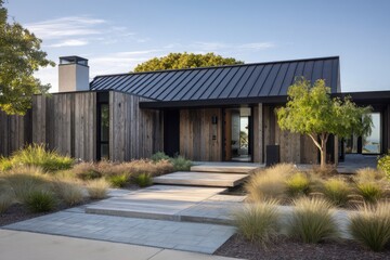 Wooden house with modern design, large windows, and landscaped yard in a sunny outdoor setting, showcasing natural elements in architecture and greenery